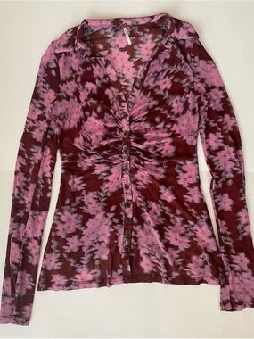 Free People Pink Floral Burgundy Ruched Button-Front Collared Top